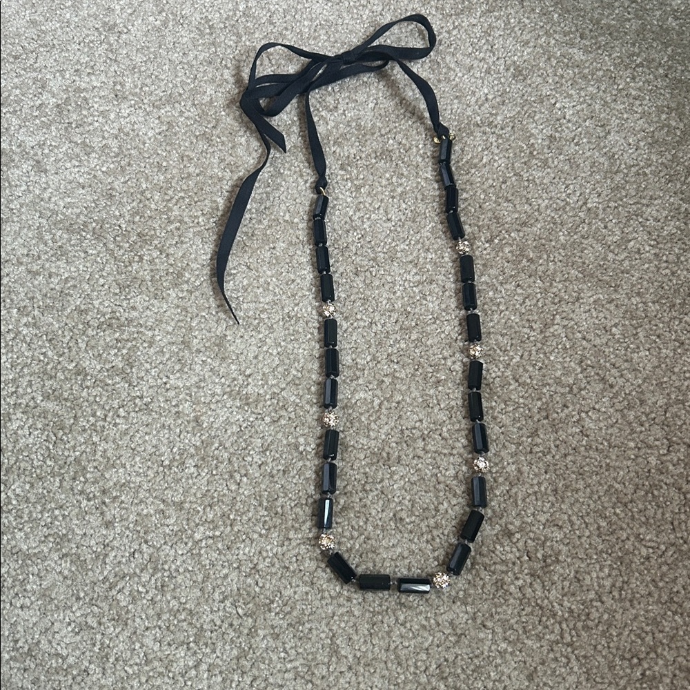 J Crew decorative necklace with Jet Black barrel bead and rhinestone circles